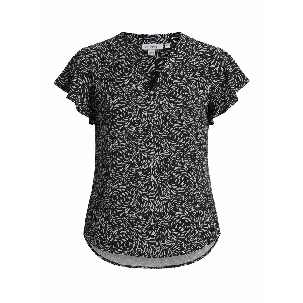 Chico's Flutter Sleeve V-Neck Blouse Top Women Size 1 Medium Black White Swirl
